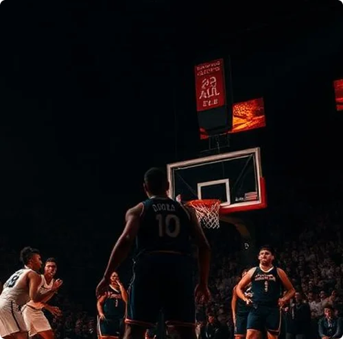 Des basketteurs en pleine action sous un éclairage spectaculaire, l'accent étant mis sur un moment de tension près du panier. La scène dégage une impression d'intensité et de compétition.
