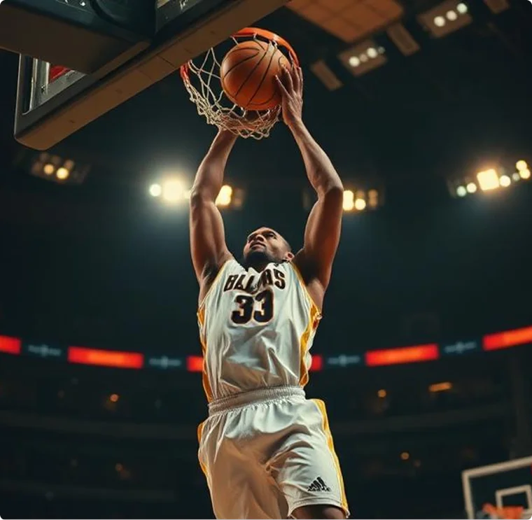 Un basketteur portant le maillot n° 33 réalise un dunk avec une concentration intense. Les lumières de la salle brillent en arrière-plan, mettant en valeur son effort.