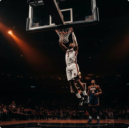 Un basketteur vêtu d'un maillot blanc effectue un dunk en plein vol pendant un match, sous le regard d'un joueur adverse. Une scène pleine d'action et de suspense.