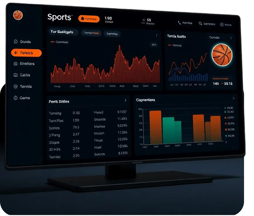 Un tableau de bord d'analyse sportive au design épuré et aux couleurs sombres présente des graphiques et des diagrammes aux couleurs vives. Il est principalement axé sur les données relatives au basket-ball, avec des visualisations sous forme de courbes et de histogrammes.