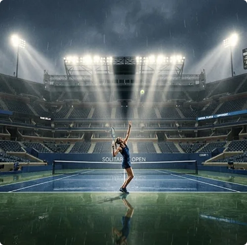 A tennis player in a blue dress serves on a rain-soaked court under bright stadium lights, creating a dramatic and determined atmosphere.