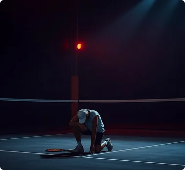 Tennis player kneels on a dimly lit court, head bowed, racket on the ground. A spotlight creates a dramatic and contemplative atmosphere.