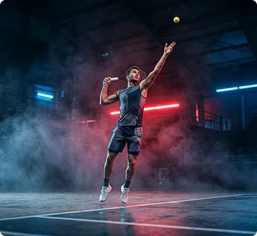 A tennis player leaps to hit a serve in a smoky, indoor court illuminated by red and blue lights, conveying intensity and focus.
