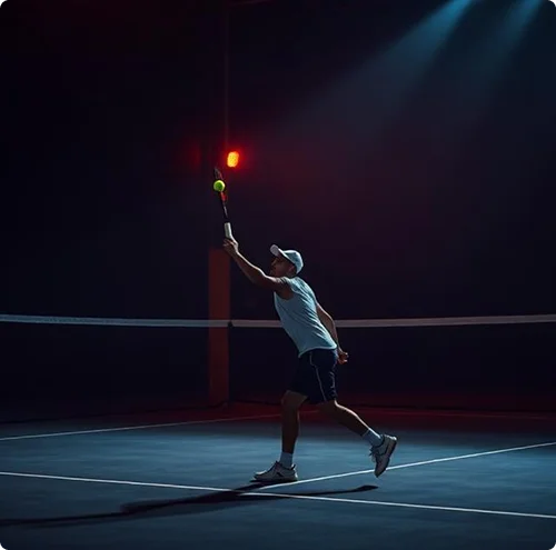 A tennis player in mid-serve under dramatic lighting on an indoor court, casting a shadow. The scene conveys focus and athletic intensity.