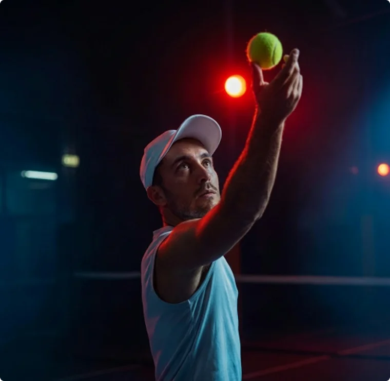 A tennis player in a cap prepares to serve, eyes focused on a ball tossed upward. The background is dimly lit with red lights. 