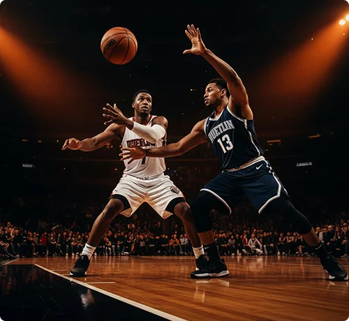 Deux basketteurs sont en action sur le terrain : l'un, vêtu d'un maillot blanc, passe le ballon, tandis que l'autre, vêtu d'un maillot bleu, défend avec acharnement. Le public observe la scène avec attention.